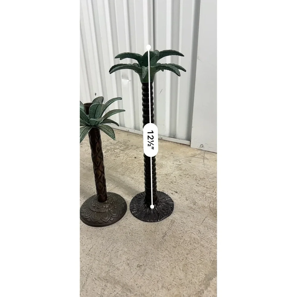 VTG Palm‎ Tree Candle Holders Set Brass 3 Bronze Metal Tropical Regency Decor